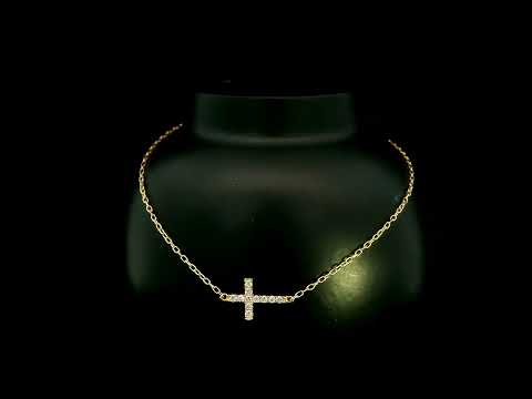 18K yellow gold sideways diamond cross bracelet with round natural diamonds and adjustable fine gold chain