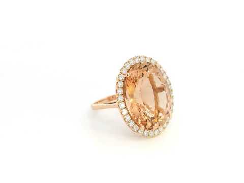 20.67 carat oval morganite diamond halo ring in 18K rose gold by Emirates Diamonds