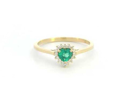 Heart-shaped emerald and diamond halo ring in 18K yellow gold, 0.31 CT emerald, 0.08 CT diamonds, romantic fine jewelry