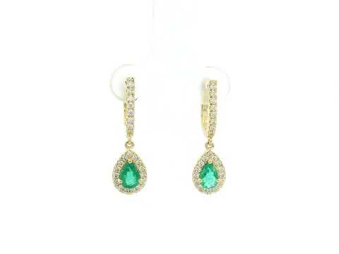 18K yellow gold emerald and diamond drop earrings with pear-shaped emeralds and diamond halo, luxury fine jewelry by Emirates Diamonds.