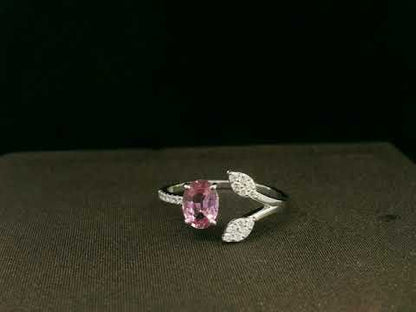 18k White Gold, 0.83 ct Oval Shape Pink Sapphire & Diamond Leaf Ring