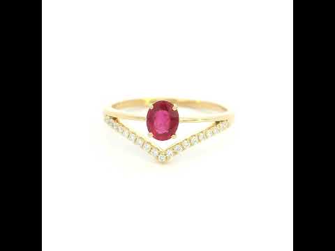 18K Yellow Gold Oval Ruby Ring with V-Shaped Diamond Band and 0.51 Carat Natural Ruby