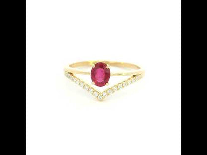 18K Yellow Gold Oval Ruby Ring with V-Shaped Diamond Band and 0.51 Carat Natural Ruby