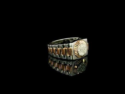 Men’s diamond ring in 18K white and rose gold with circular diamond centre and two-tone wide band