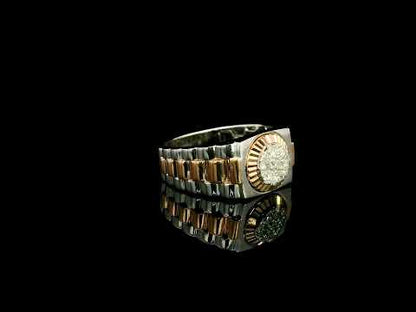 Men’s diamond ring in 18K white and rose gold with circular diamond centre and two-tone wide band
