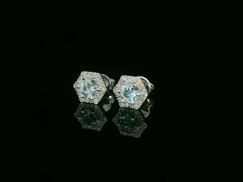 Video of 18k gold stud earrings with round aquamarines and diamond halo