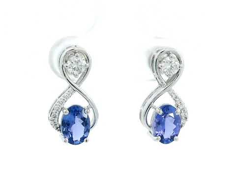1.79 Carat Tanzanite and 0.40 Carat Diamond Earrings in 18K Gold, elegant gemstone earrings with a swirl design

