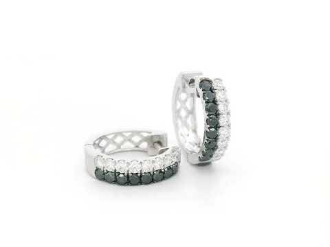 18K white gold hoop earrings with white and black pavé-set diamonds, modern luxury design by Emirates Diamonds.