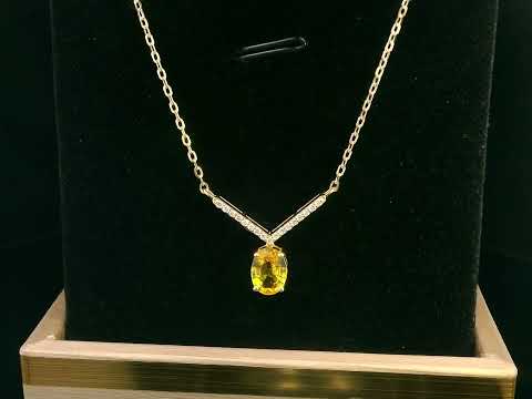 18K gold oval yellow sapphire necklace with 1.10 Ct yellow sapphire and 0.08 Ct diamonds, luxury gemstone pendant