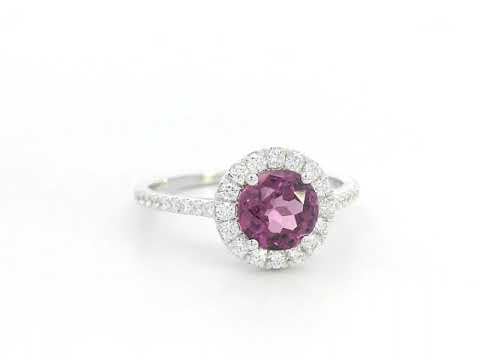 Round Rhodolite halo ring in 18K white gold with diamond-accented band – 1.35ct center, 0.40ct total diamonds