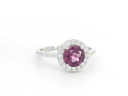 Round Rhodolite halo ring in 18K white gold with diamond-accented band – 1.35ct center, 0.40ct total diamonds