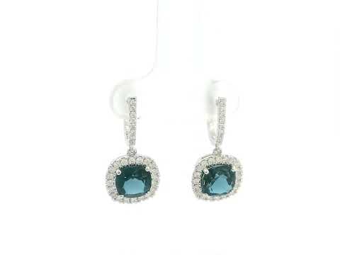 London Blue Topaz and Diamond Halo Drop Earrings in 18K White Gold with 3.28 Carat Cushion Cut London Blue Topaz