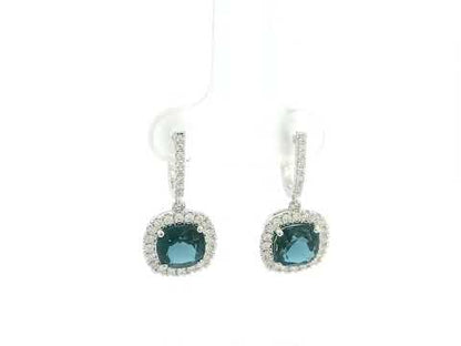 London Blue Topaz and Diamond Halo Drop Earrings in 18K White Gold with 3.28 Carat Cushion Cut London Blue Topaz