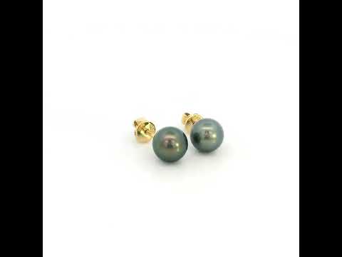 Tahitian black pearl stud earrings in 18K yellow gold with 7 x 7.5 mm pearls