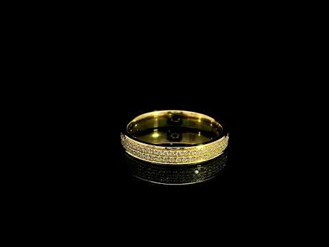 Double row diamond band ring in 18K yellow gold featuring two rows of round diamonds framed by polished gold edges.