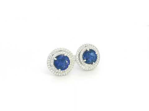 18K white gold blue sapphire halo stud earrings with diamond accents by Emirates Diamonds
