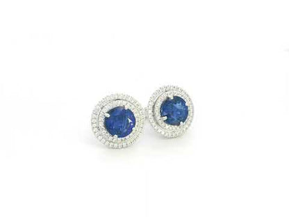 18K white gold blue sapphire halo stud earrings with diamond accents by Emirates Diamonds