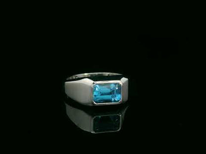 18k White Gold, Emerald cut  Blue Topaz Bezel Ring