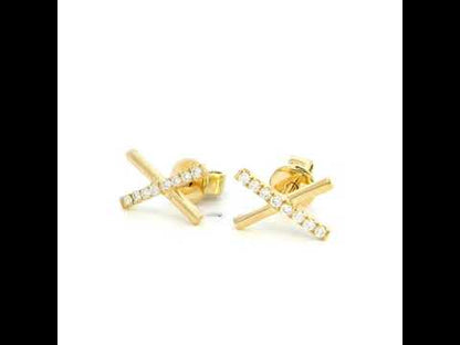 18K Yellow Gold X-Design Earrings with Diamond Accent | Unisex & Diamond-Studded