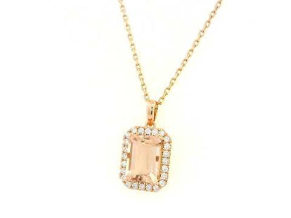 18K rose gold emerald-cut morganite and diamond halo pendant necklace – Emirates Diamonds