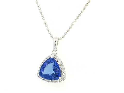 Trillion-cut Tanzanite pendant in 18K white gold with diamond halo, 3.43 carat Tanzanite and 0.16 carat diamonds