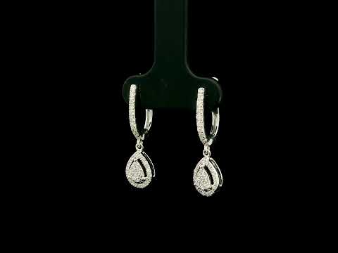 18K white gold pear diamond drop earrings featuring 0.44 carat natural diamonds with diamond-set huggie hoops and open pear halo design.