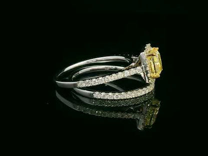 1.03 Carat Yellow Diamond Halo Engagement Ring with Matching Wedding Band in 18K Gold – Luxury Bridal Set with 0.59 Carat Diamonds