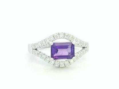 18k White Gold Emerald-Cut Amethyst & Diamond Split-Shank Ring