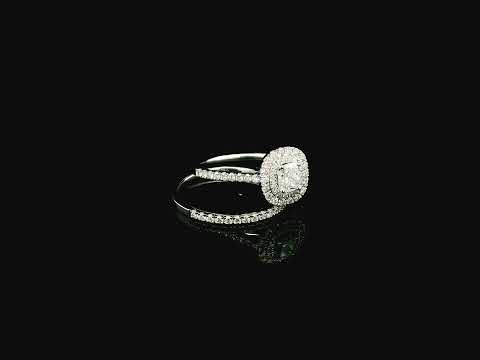 GIA certified cushion cut diamond bridal ring set in 18K white gold with halo engagement ring and matching diamond wedding band.