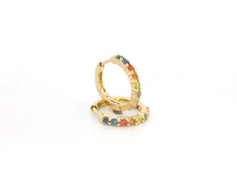 18K yellow gold hoop earrings set with multi-color sapphires, colorful sapphire earrings by Emirates Diamonds