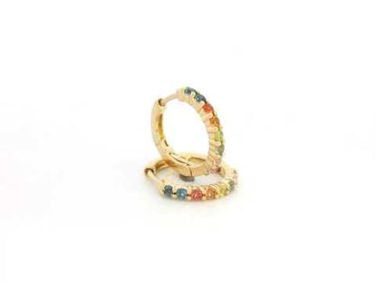 18K yellow gold hoop earrings set with multi-color sapphires, colorful sapphire earrings by Emirates Diamonds