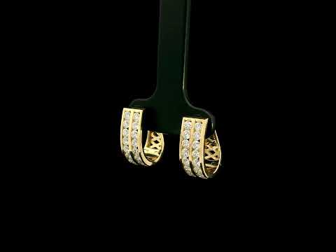Double row diamond hoop earrings in 18K yellow gold featuring two parallel rows of round brilliant diamonds.
