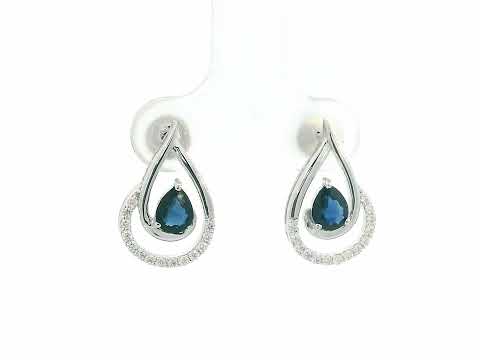 18k white gold teardrop earrings with pear-cut blue sapphires totaling 0.73 carat and 0.15 carat diamonds in partial halo