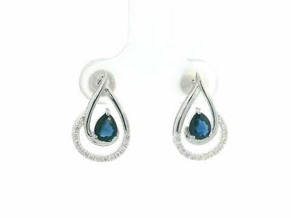 18k white gold teardrop earrings with pear-cut blue sapphires totaling 0.73 carat and 0.15 carat diamonds in partial halo