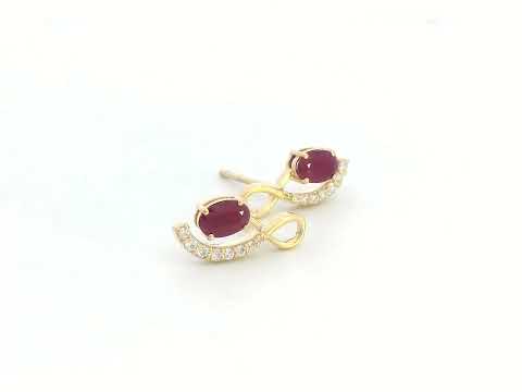 18K yellow gold infinity stud earrings featuring 1.02 carats of oval-cut rubies and 0.14 carats of diamonds.