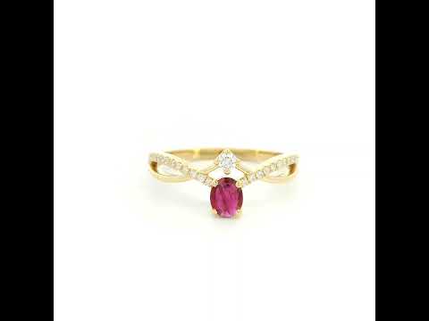 18K yellow gold oval ruby ring featuring a 0.31 Carat natural ruby with pavé diamond split crossover shoulders.
