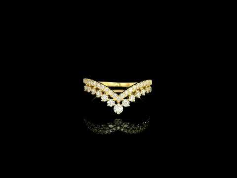 V shaped diamond chevron ring in 18K yellow gold featuring pavé-set diamonds and graduated round diamonds, designed as a statement ring or contour wedding band.