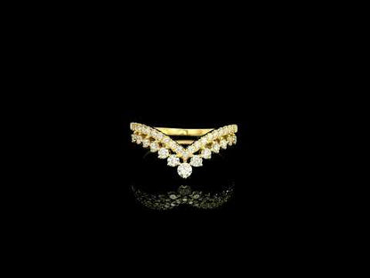 V shaped diamond chevron ring in 18K yellow gold featuring pavé-set diamonds and graduated round diamonds, designed as a statement ring or contour wedding band.