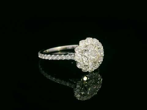 18K gold floral halo diamond ring with 1.00 carat center and 0.89 carat accent diamonds, vintage-inspired engagement design

