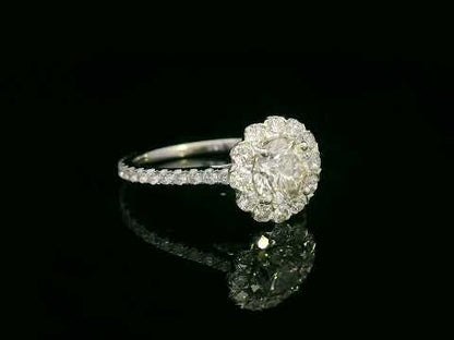 18K gold floral halo diamond ring with 1.00 carat center and 0.89 carat accent diamonds, vintage-inspired engagement design

