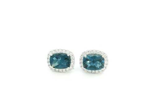 18K White Gold London Blue Topaz Diamond Halo Stud Earrings featuring 3.54 carats of natural London Blue Topaz and 0.40 carats of natural diamonds.