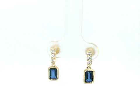 Blue sapphire and diamond drop earrings in 18K yellow gold emerald cut sapphire design