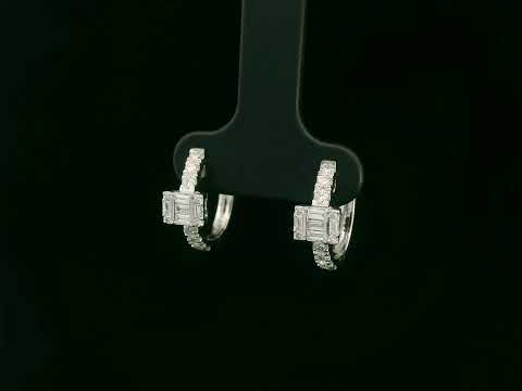 18K white gold diamond earrings with emerald-cut inspired baguette and round diamond centerpiece – fine jewelry by Emirates Diamonds