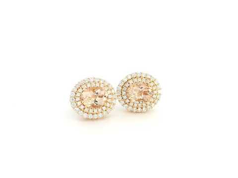 Morganite and diamond halo stud earrings in 18K rose gold oval morganite with double diamond halo – Emirates Diamonds
