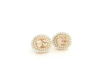 Morganite and diamond halo stud earrings in 18K rose gold oval morganite with double diamond halo – Emirates Diamonds