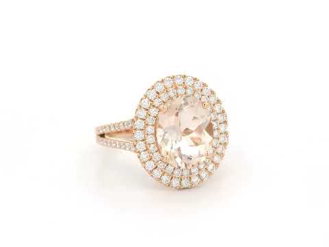18K rose gold morganite and double halo diamond ring – 2.31ct morganite with 0.66ct diamonds by Emirates Diamonds