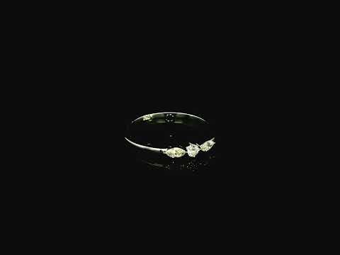 18K white gold three stone diamond ring featuring two marquise-cut diamonds and one round brilliant diamond with a total diamond weight of 0.22 carats.