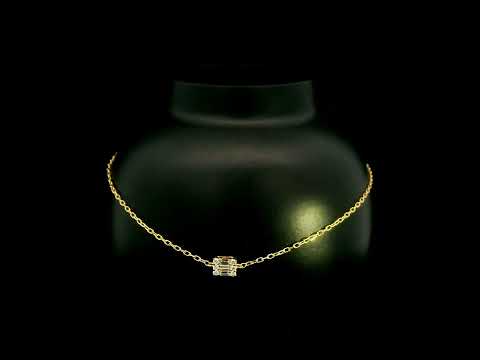 18K yellow gold bracelet with baguette and round natural diamonds in a geometric centre design on a fine adjustable chain
