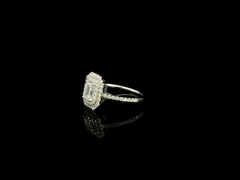 18K white gold halo engagement ring featuring a 1.00 carat GIA certified natural emerald cut diamond with VVS2 clarity and E colour, surrounded by a double halo and 0.43 carat natural round brilliant diamonds.