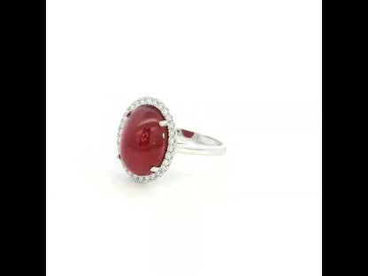 Ruby Ring in 18K White Gold. Cabochon Ruby Diamond Halo Ring